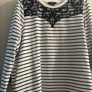 Lane Bryant White and Black Striped Long-Sleeve Top with Lace Yoke